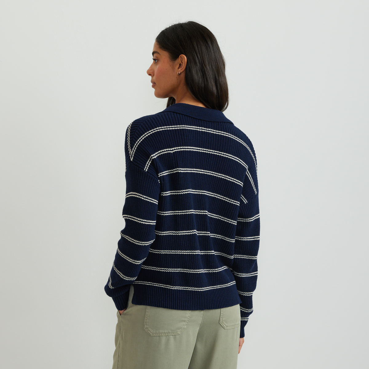 Women's Johnny Collar Striped Sweater