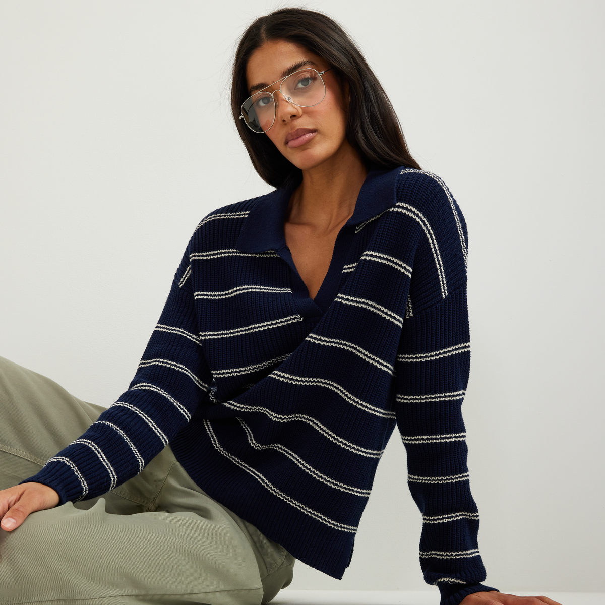 Women's Johnny Collar Striped Sweater