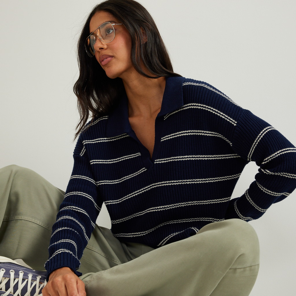 Women's Johnny Collar Striped Sweater