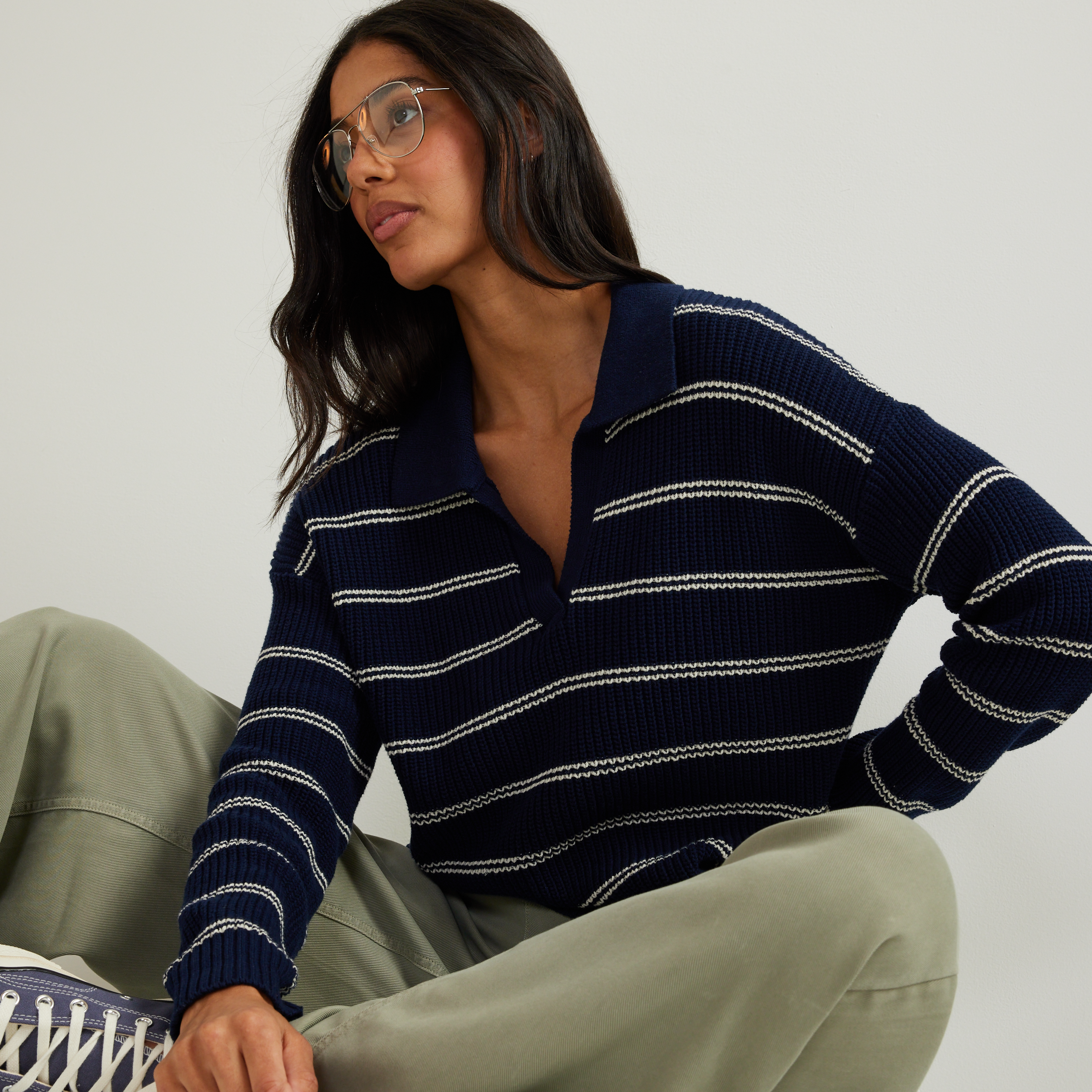 Women's Johnny Collar Striped Sweater