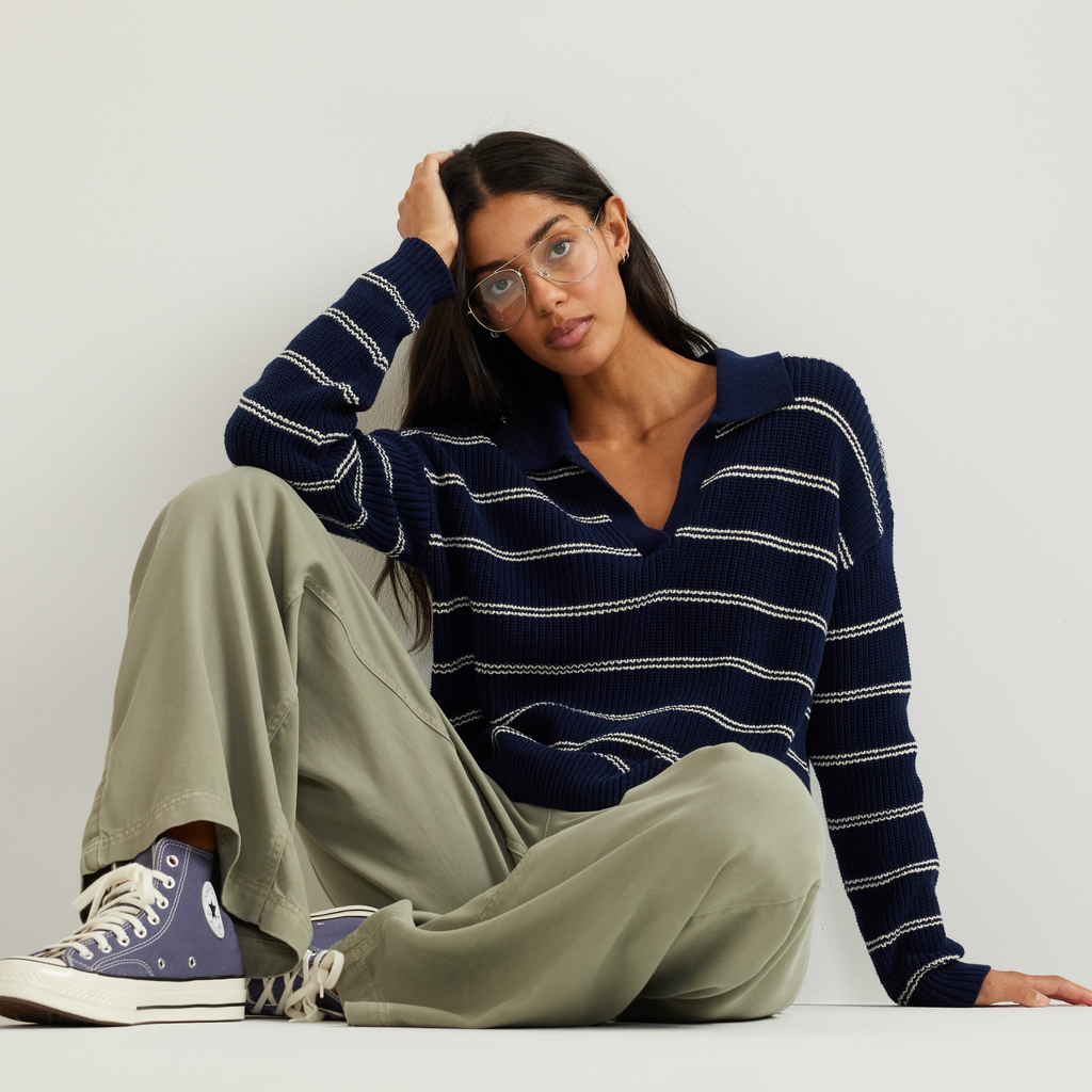 Women's Johnny Collar Striped Sweater