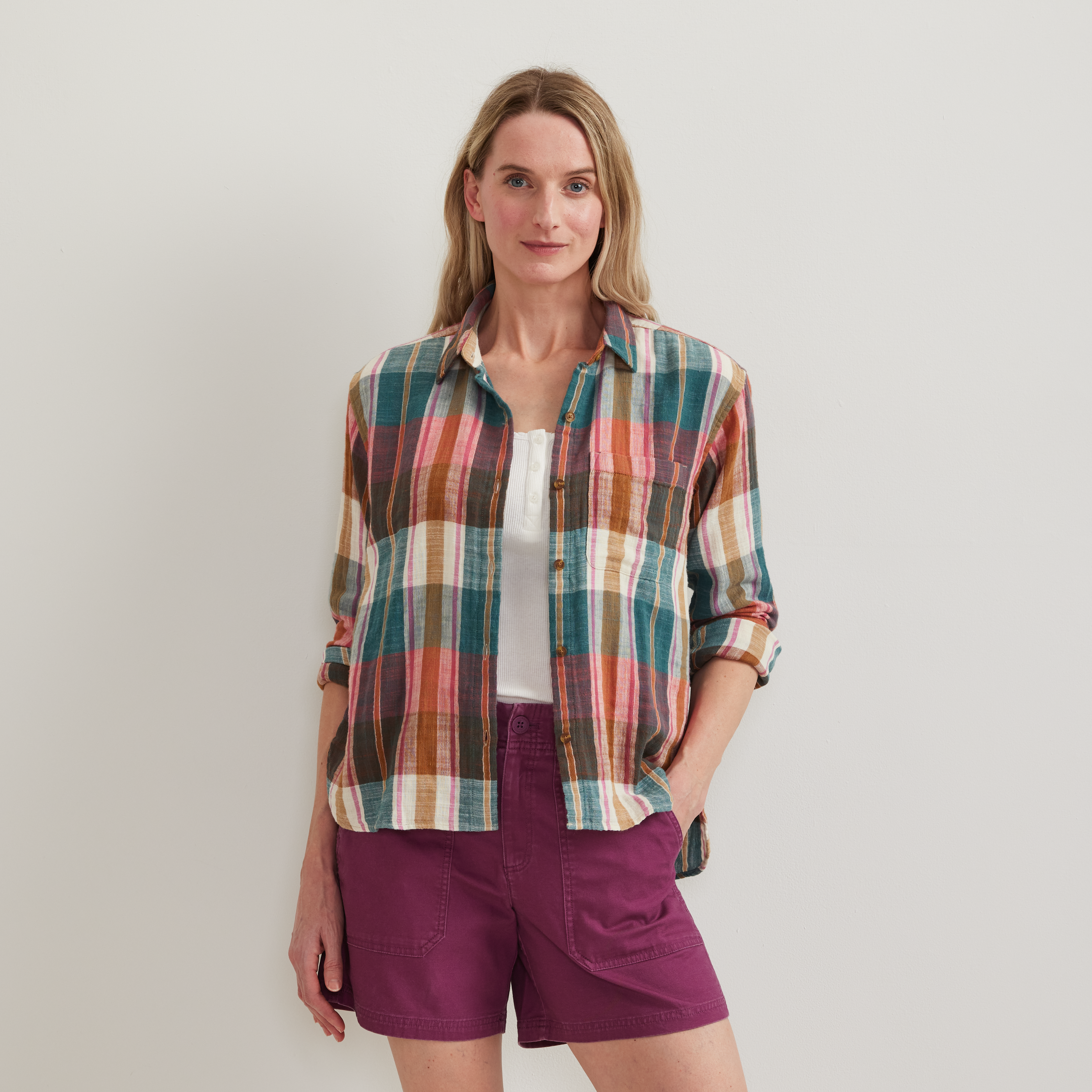 Women's Cotton Slub Plaid Long-Sleeve Shirt