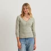 Women's Long-Sleeve Ribbed Henley T-Shirt - Stripe - Honeydew