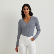 Women's Long-Sleeve Ribbed Henley T-Shirt - Stripe - Brook