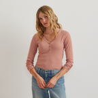 Women's Long-Sleeve Ribbed Henley T-Shirt - Stripe