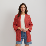 Women's Long Open Stitch Cardigan - Htr Red