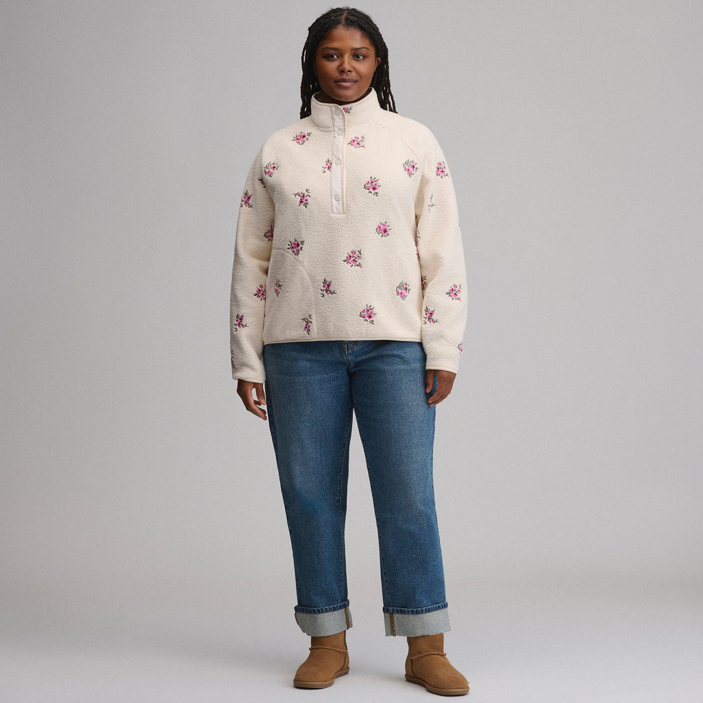 Women's Plush Fleece Snap-Mock Pullover - Embroidered