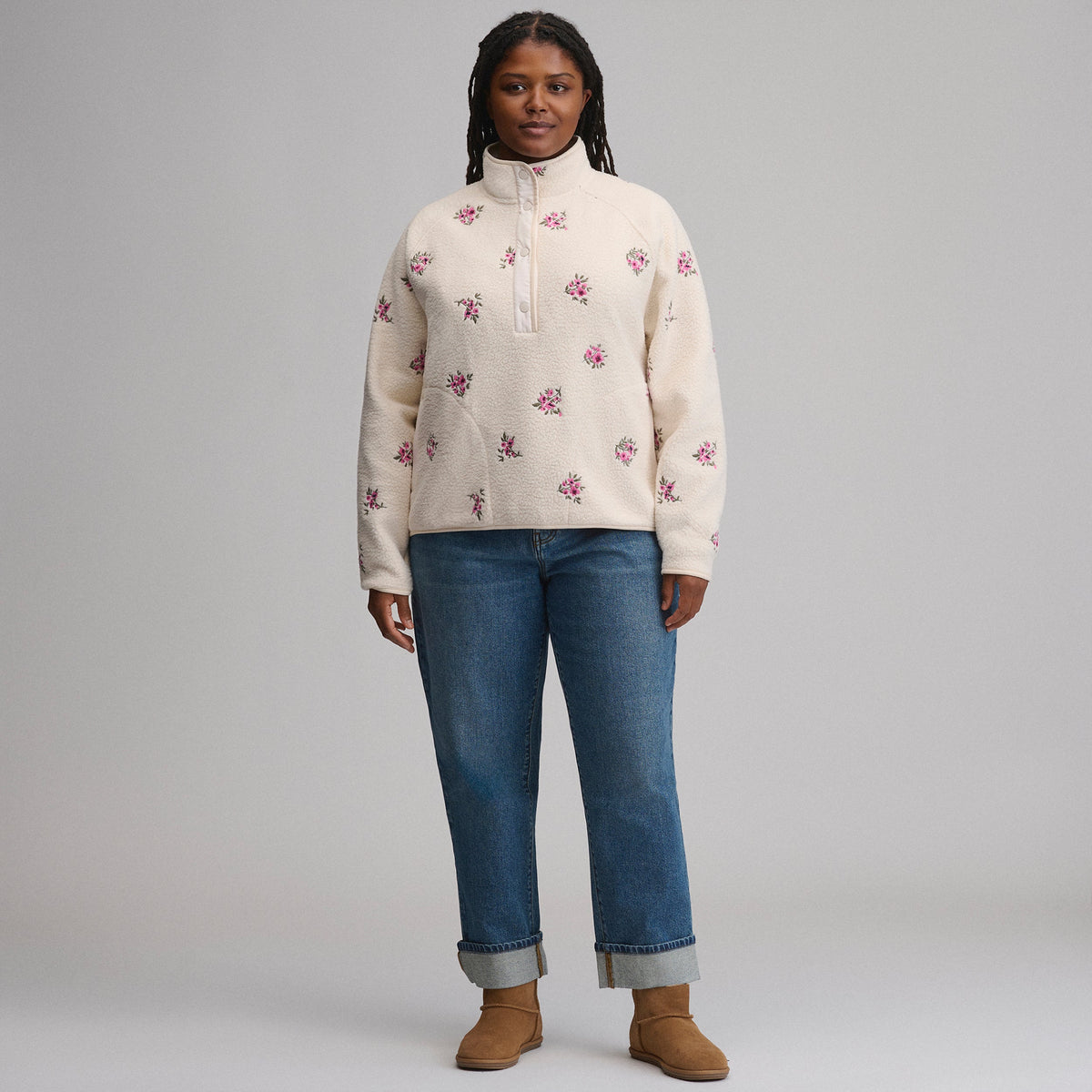 Women's Plush Fleece Snap-Mock Pullover - Embroidered