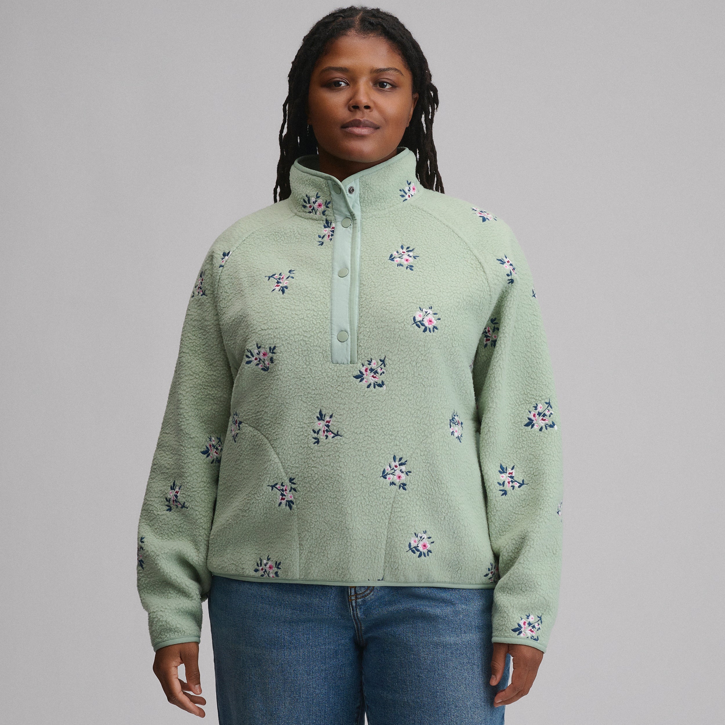Women's Plush Fleece Snap-Mock Pullover - Embroidered