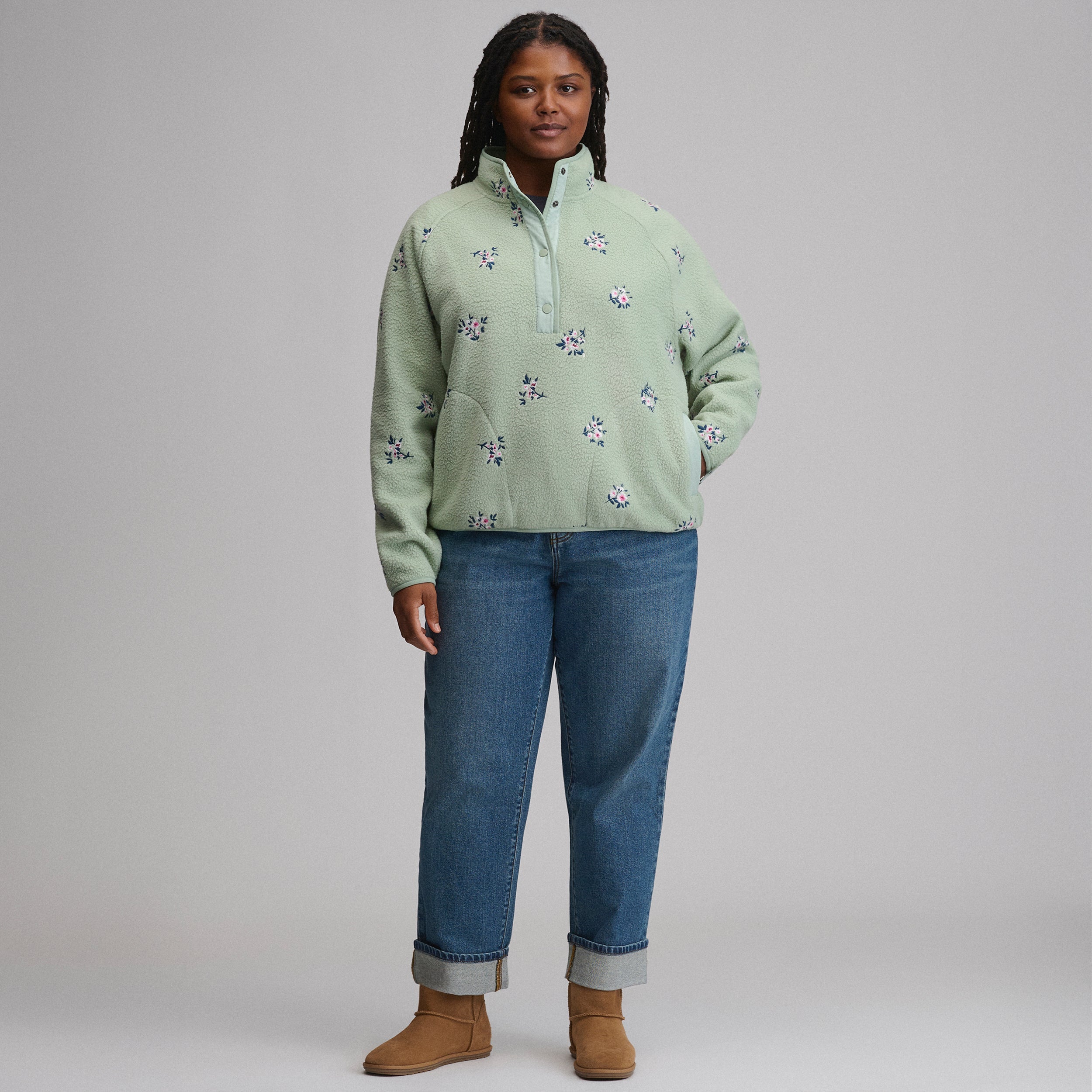 Women's Plush Fleece Snap-Mock Pullover - Embroidered