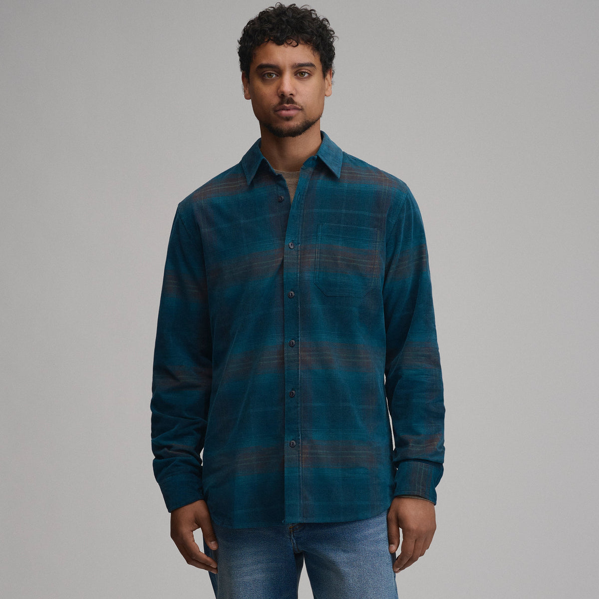 Men's Long-Sleeve Fine Wale Corduroy Shirt - Plaid