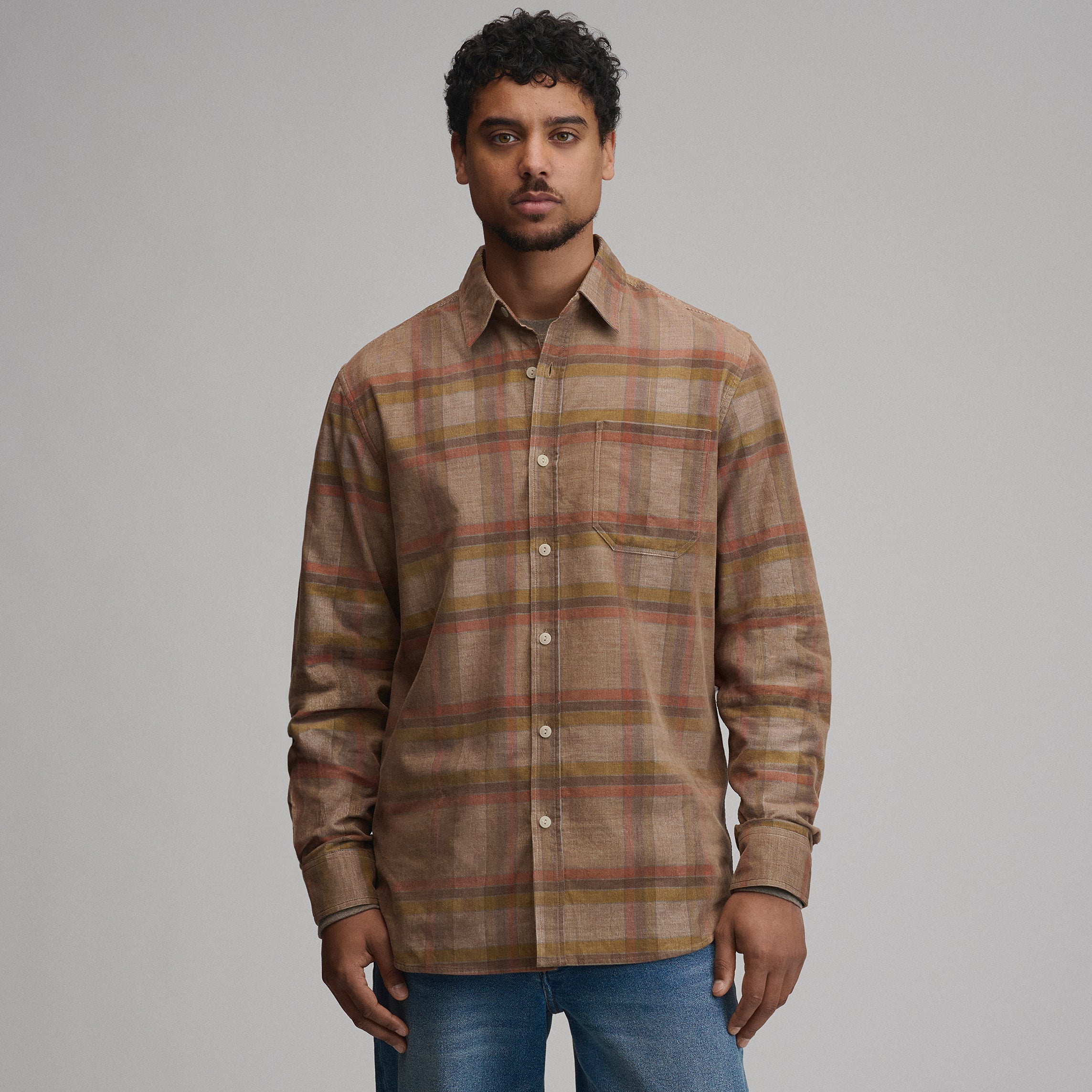 Men's Long-Sleeve Fine Wale Corduroy Shirt - Plaid