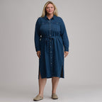 Women's Long-Sleeve Denim Button Front Belted Midi Dress
