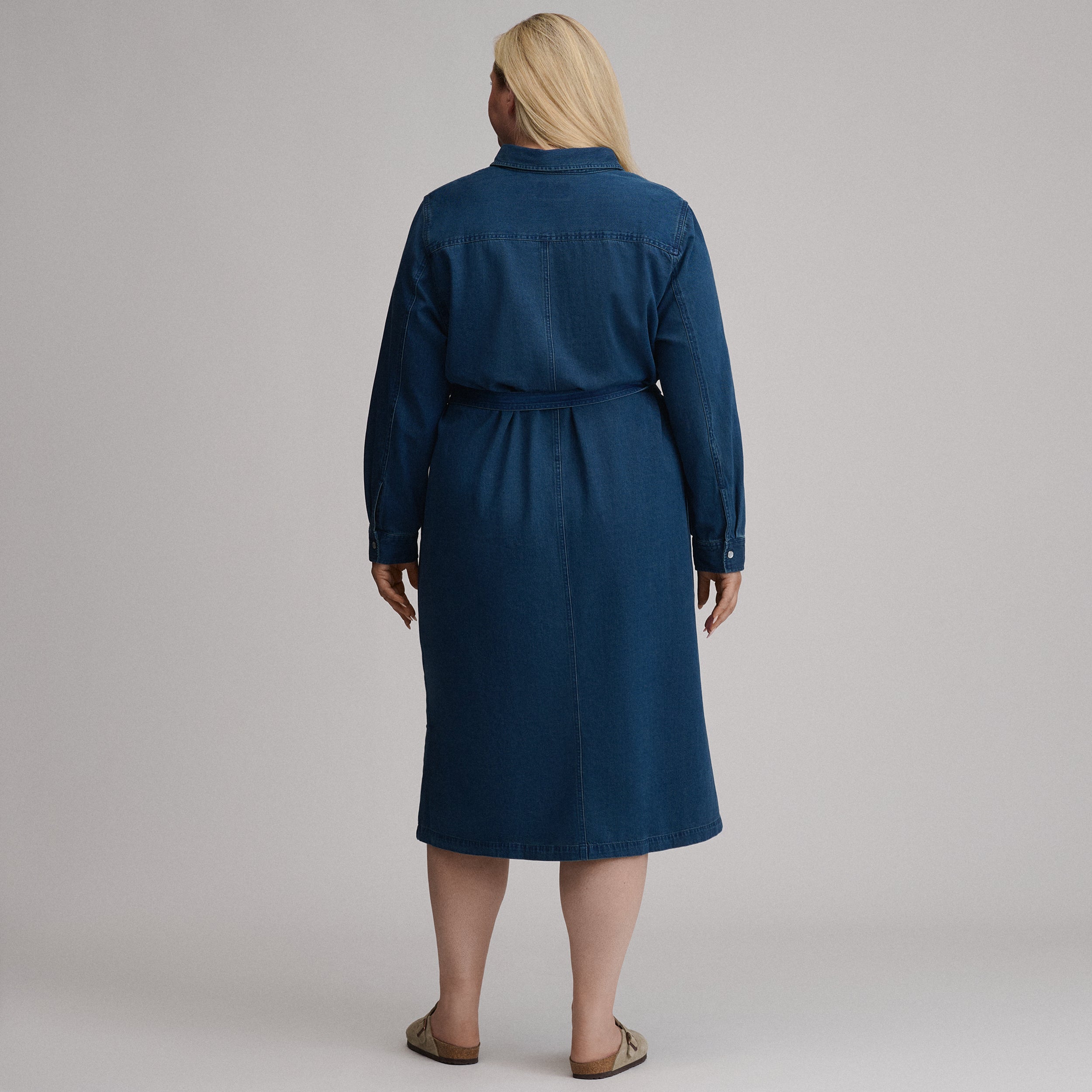 Women's Long-Sleeve Denim Button Front Belted Midi Dress