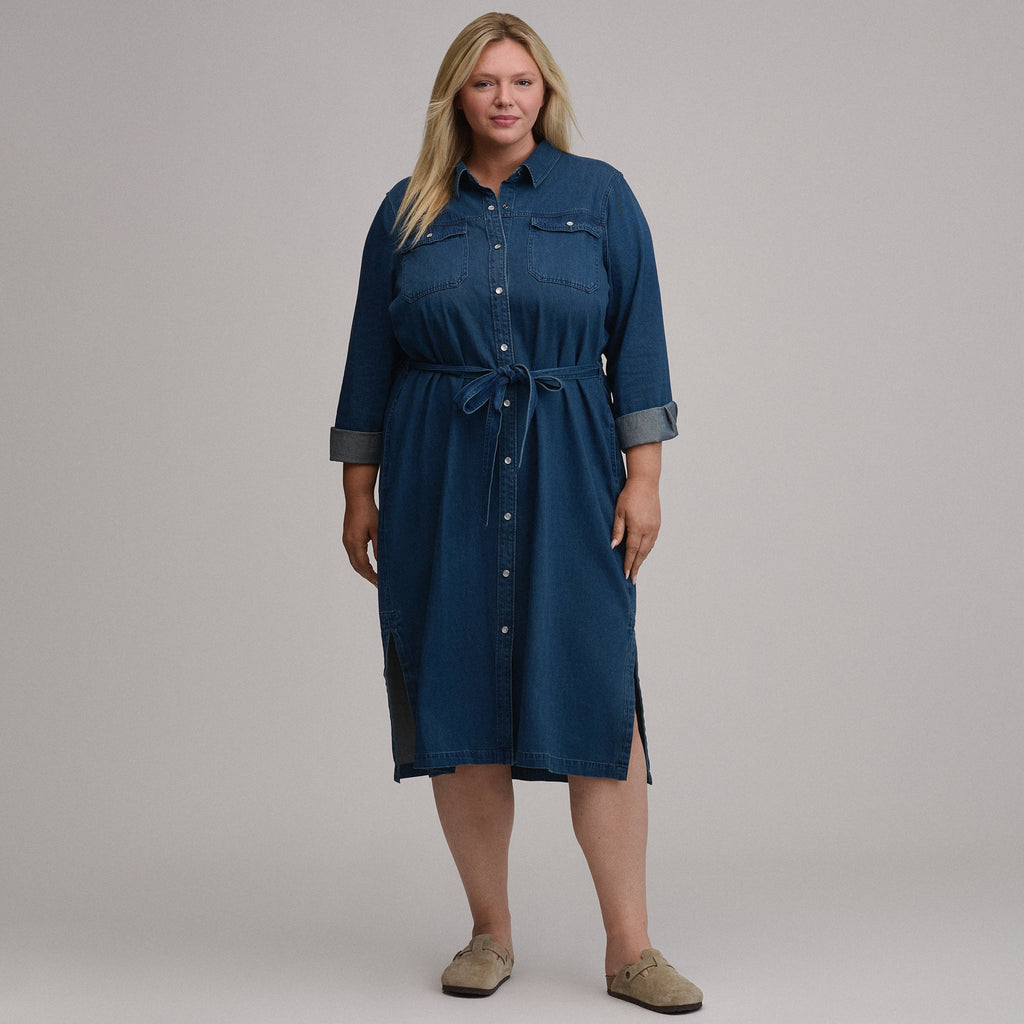 Women's Long-Sleeve Denim Button Front Belted Midi Dress