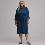 Women's Long-Sleeve Denim Button Front Belted Midi Dress