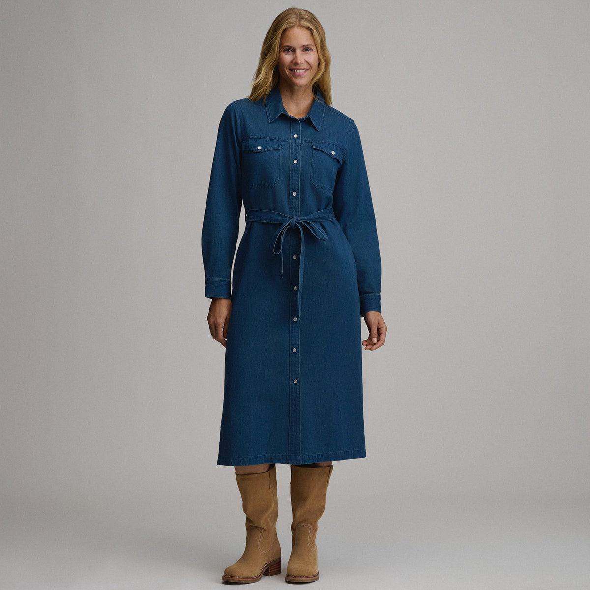 Women's Long-Sleeve Denim Button Front Belted Midi Dress
