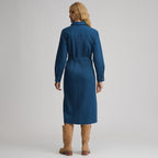 Women's Long-Sleeve Denim Button Front Belted Midi Dress
