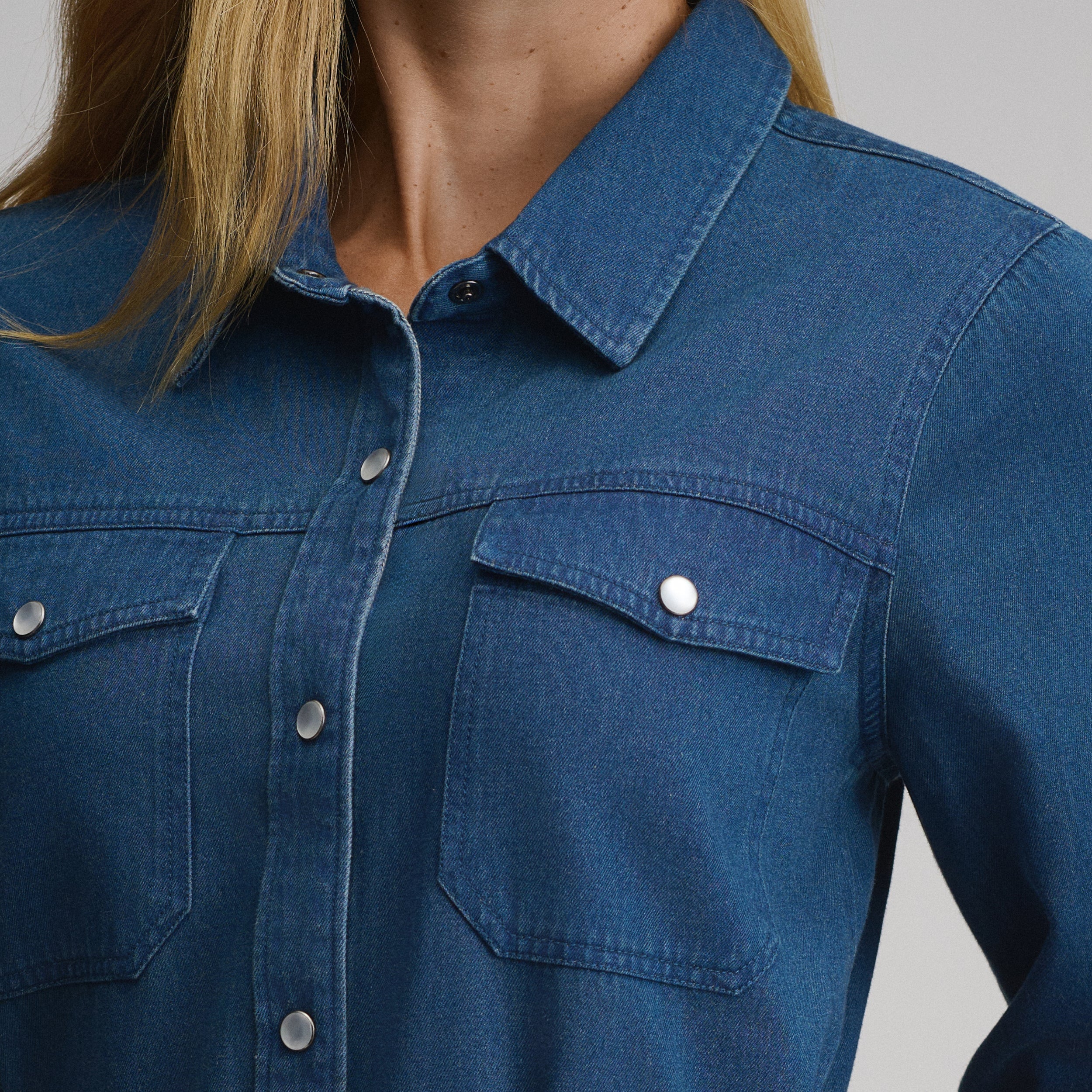 Women's Long-Sleeve Denim Button Front Belted Midi Dress