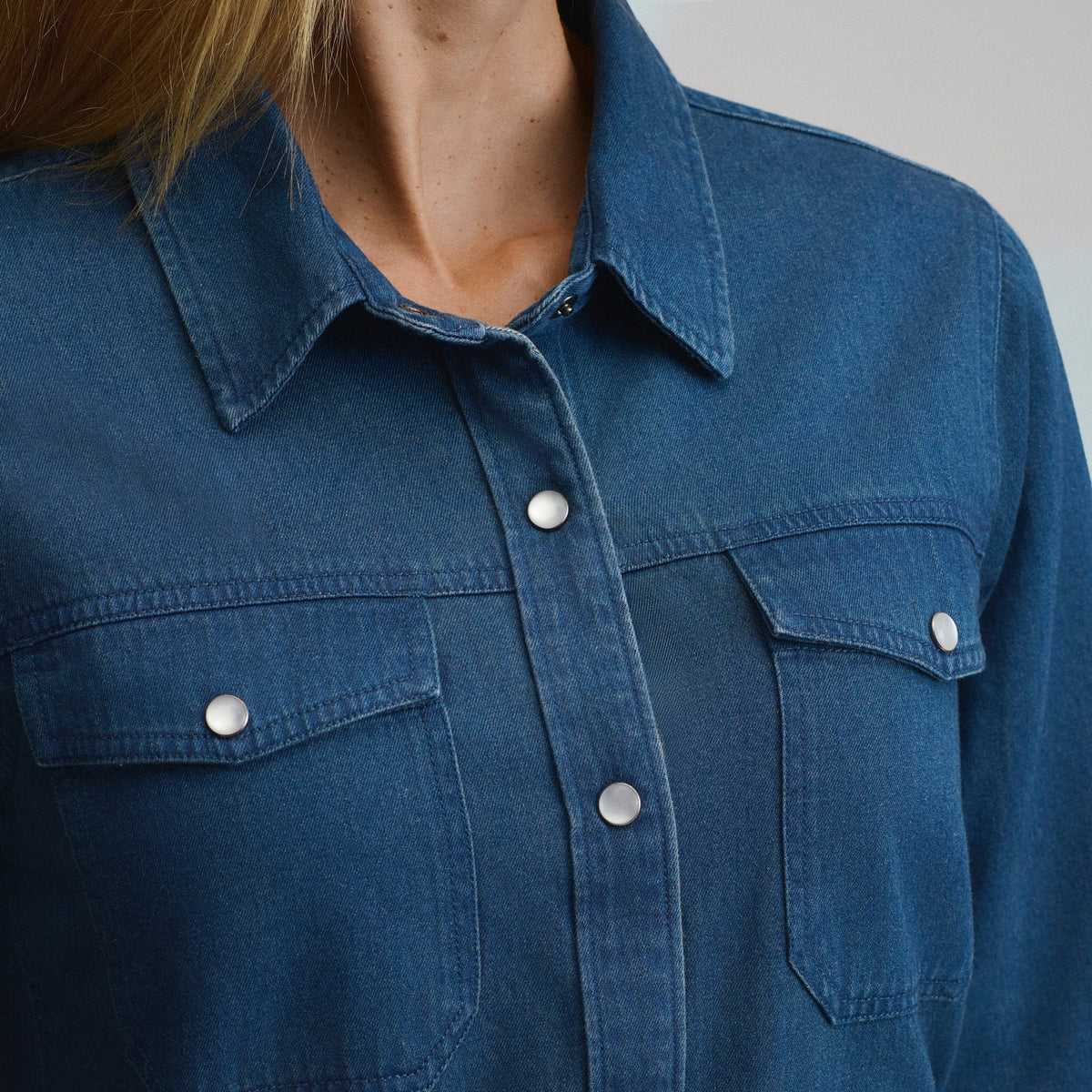 Women's Long-Sleeve Denim Button Front Belted Midi Dress