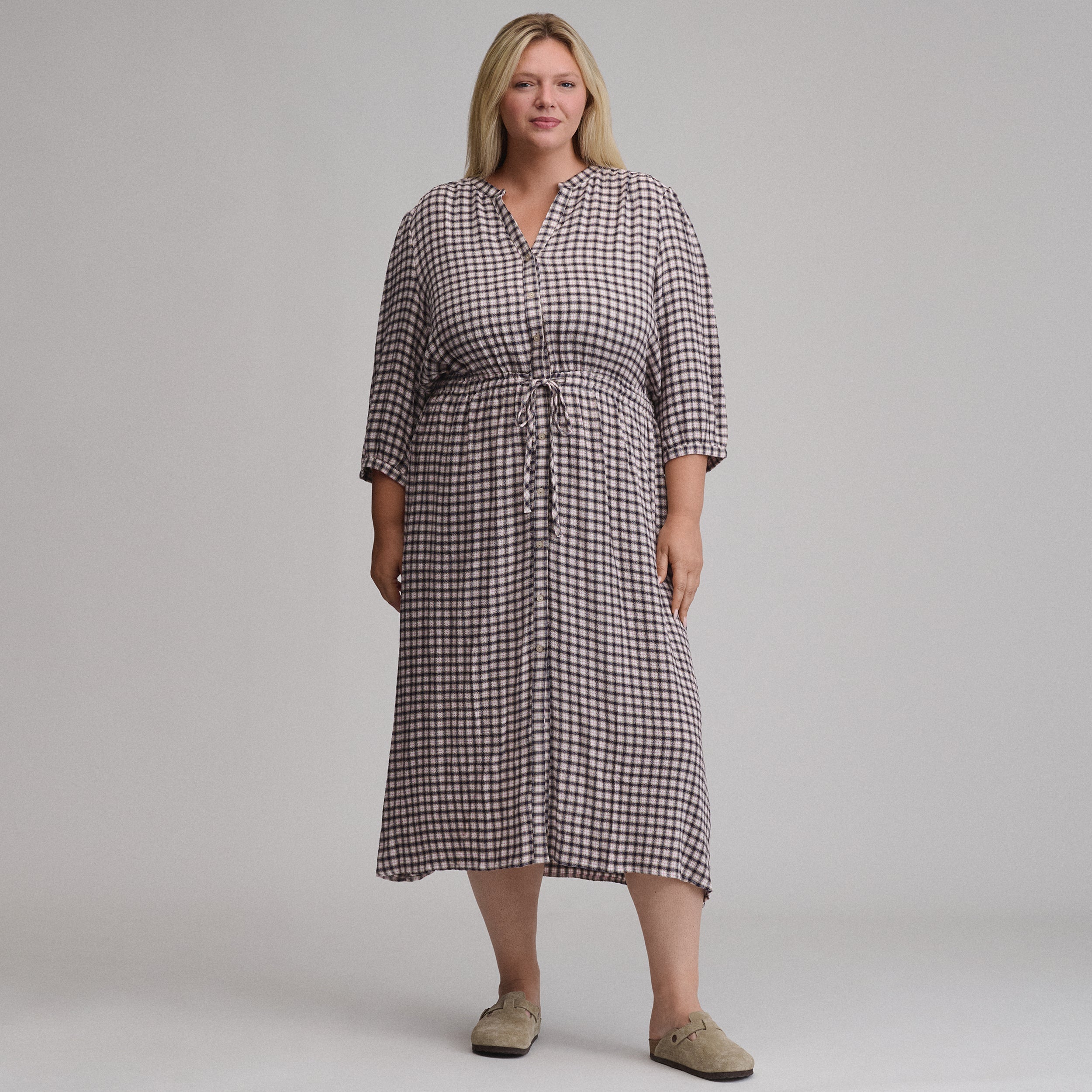 Women's Plaid Button Front Belted Midi Dress