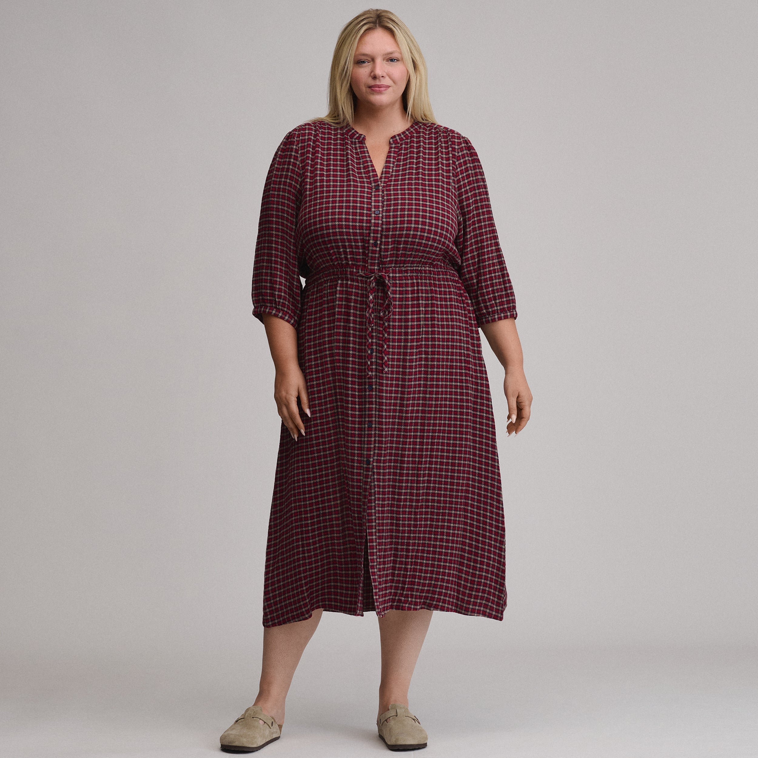 Women's Plaid Button Front Belted Midi Dress