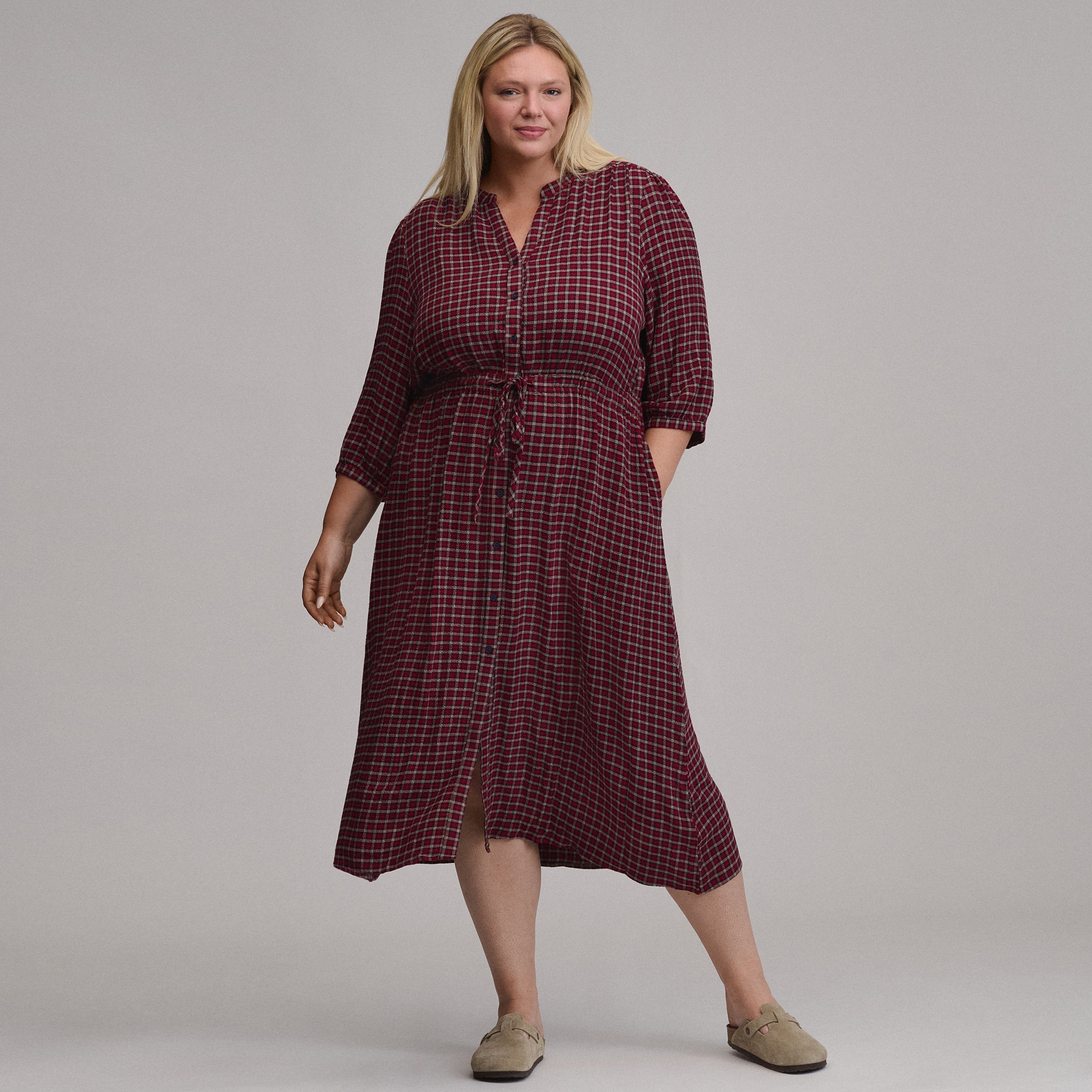 Women's Plaid Button Front Belted Midi Dress