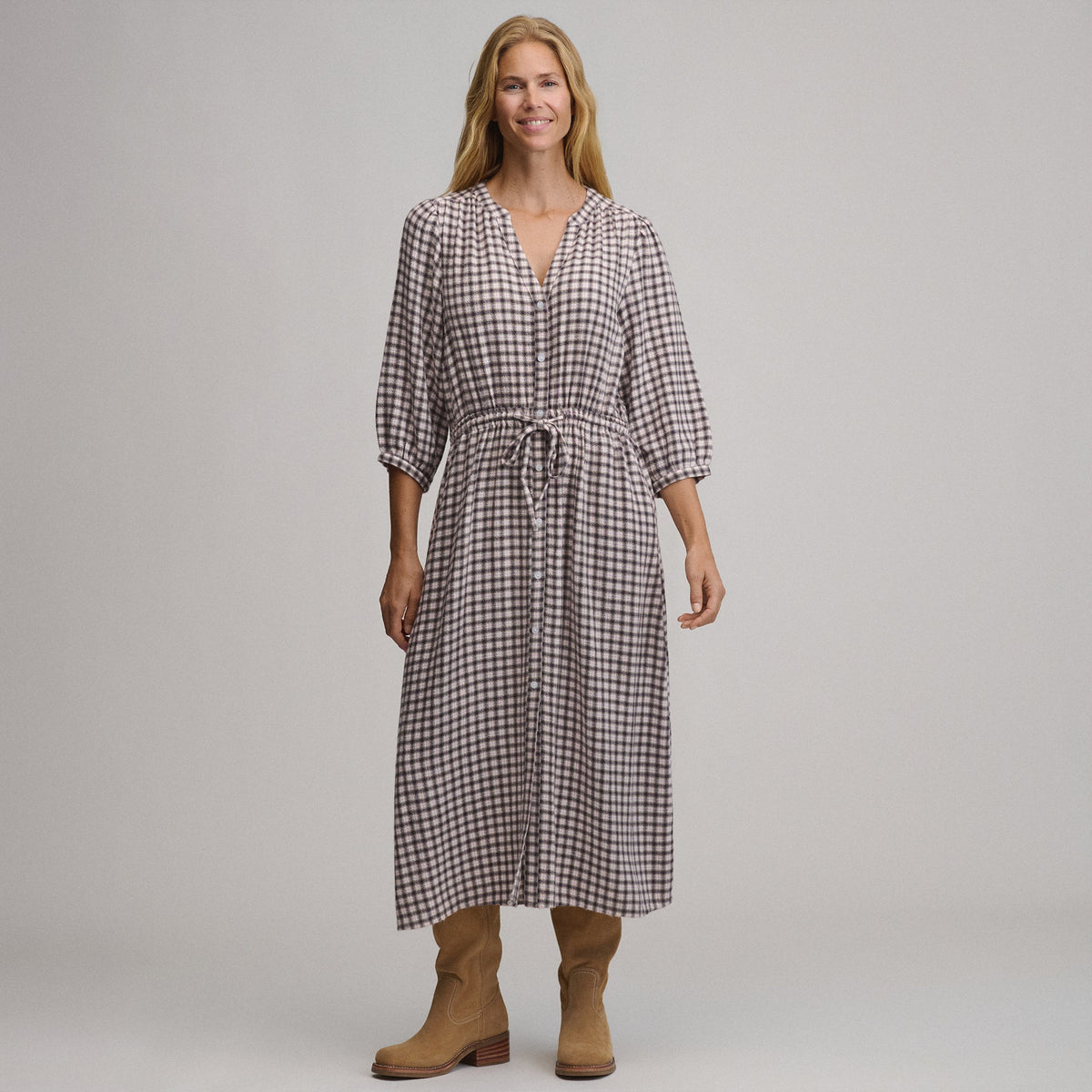 Women's Plaid Button Front Belted Midi Dress