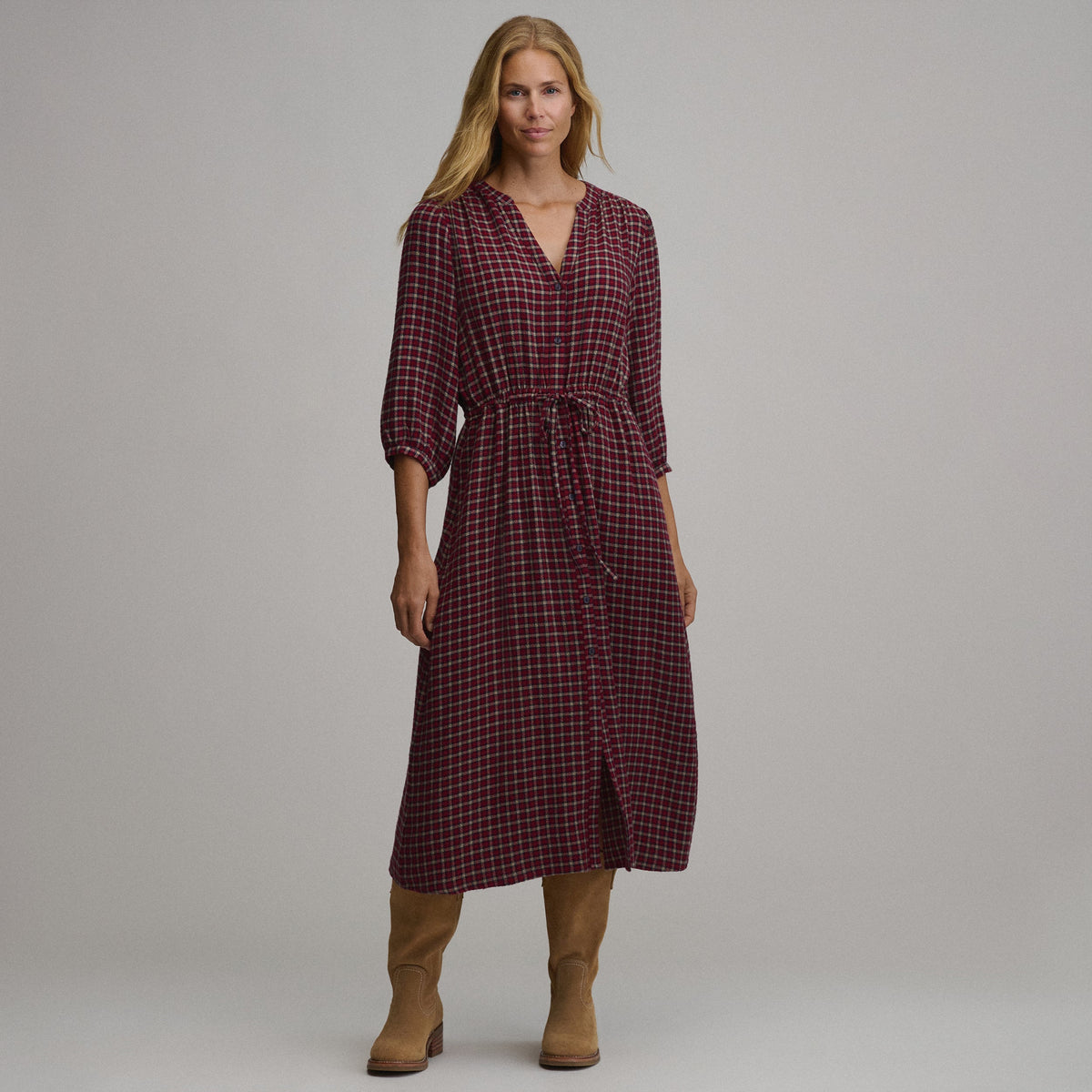 Women's Plaid Button Front Belted Midi Dress