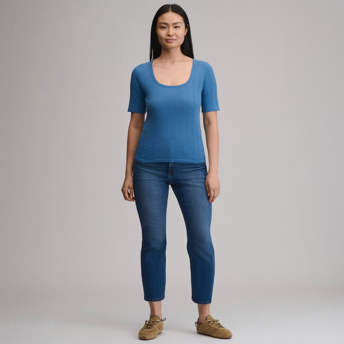Women's Short-Sleeve Pointelle Square-Neck Crew
