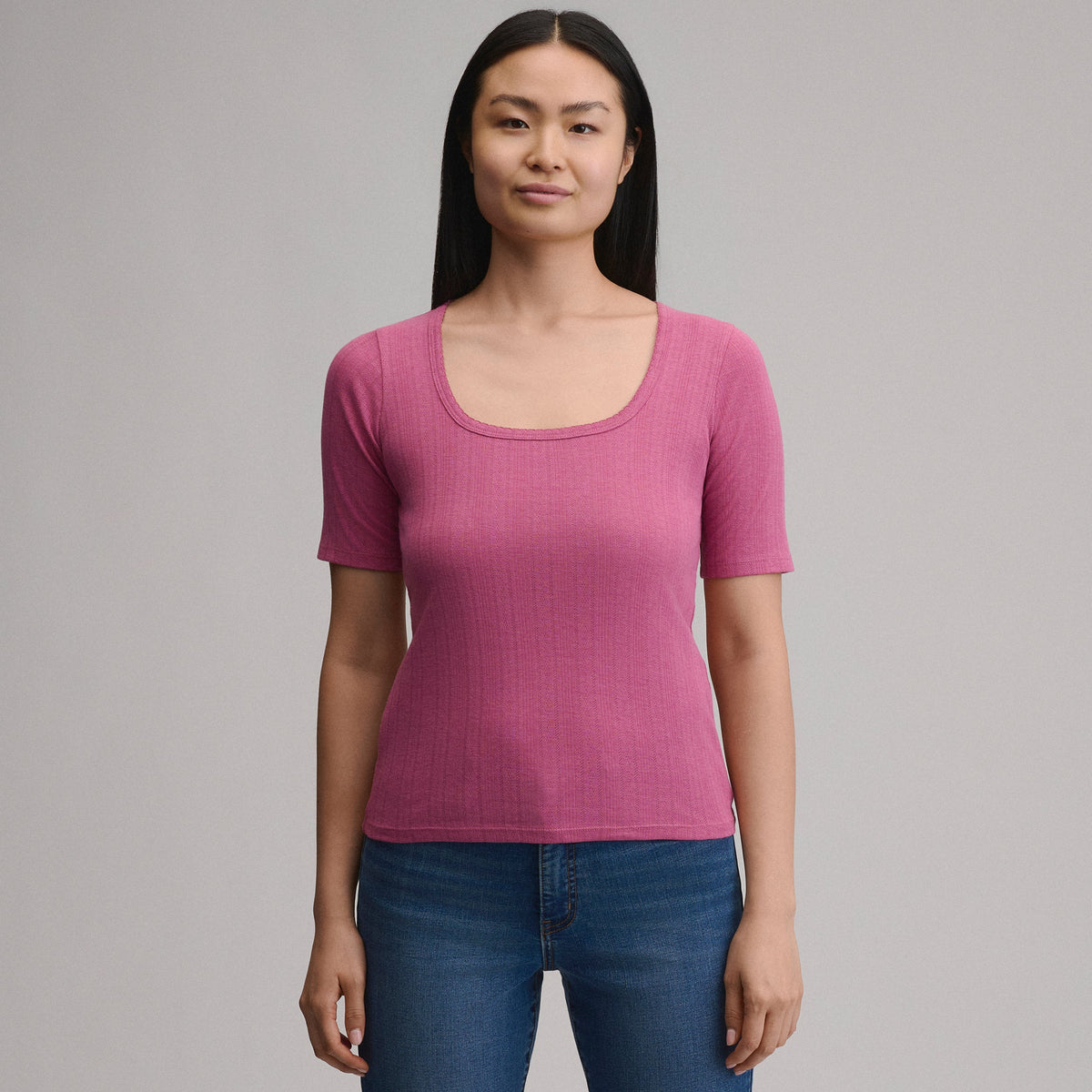 Women's Short-Sleeve Pointelle Square-Neck Crew