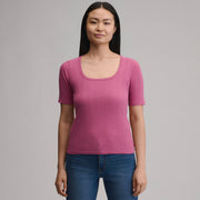 Women's Short-Sleeve Pointelle Square-Neck Crew - Dusty Rose