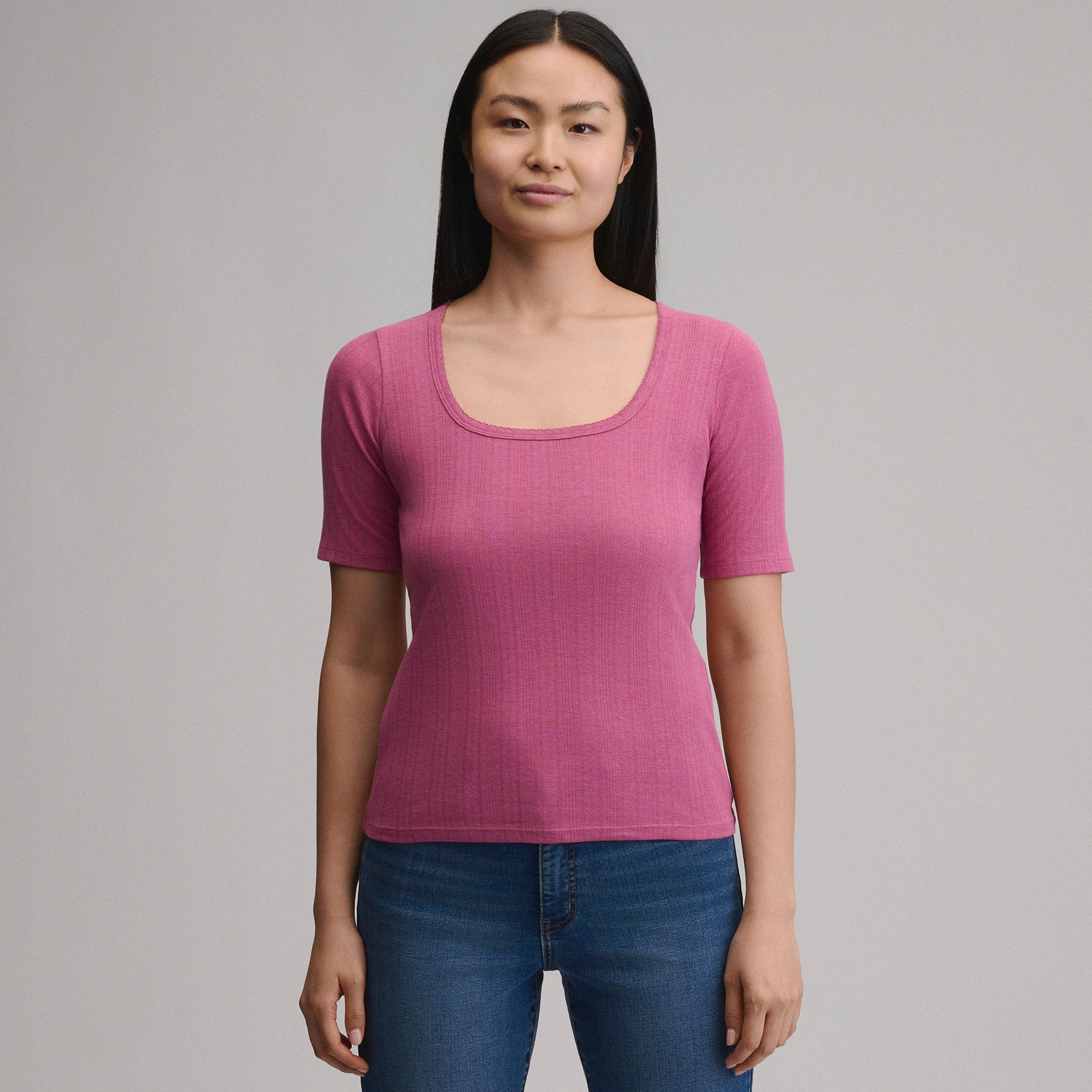 Women's Short-Sleeve Pointelle Square-Neck Crew