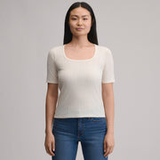Women's Short-Sleeve Pointelle Square-Neck Crew - Ivory
