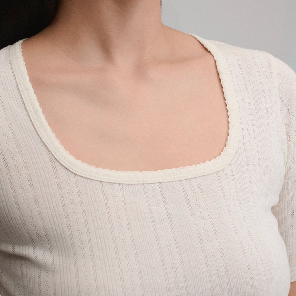 Women's Short-Sleeve Pointelle Square-Neck Crew