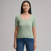 Women's Short-Sleeve Pointelle Square-Neck Crew - Limestone