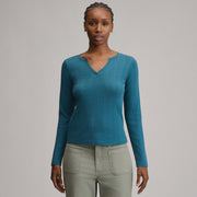 Women's Pointelle Notch-Neck Long-Sleeve Crew - Meridian Blue