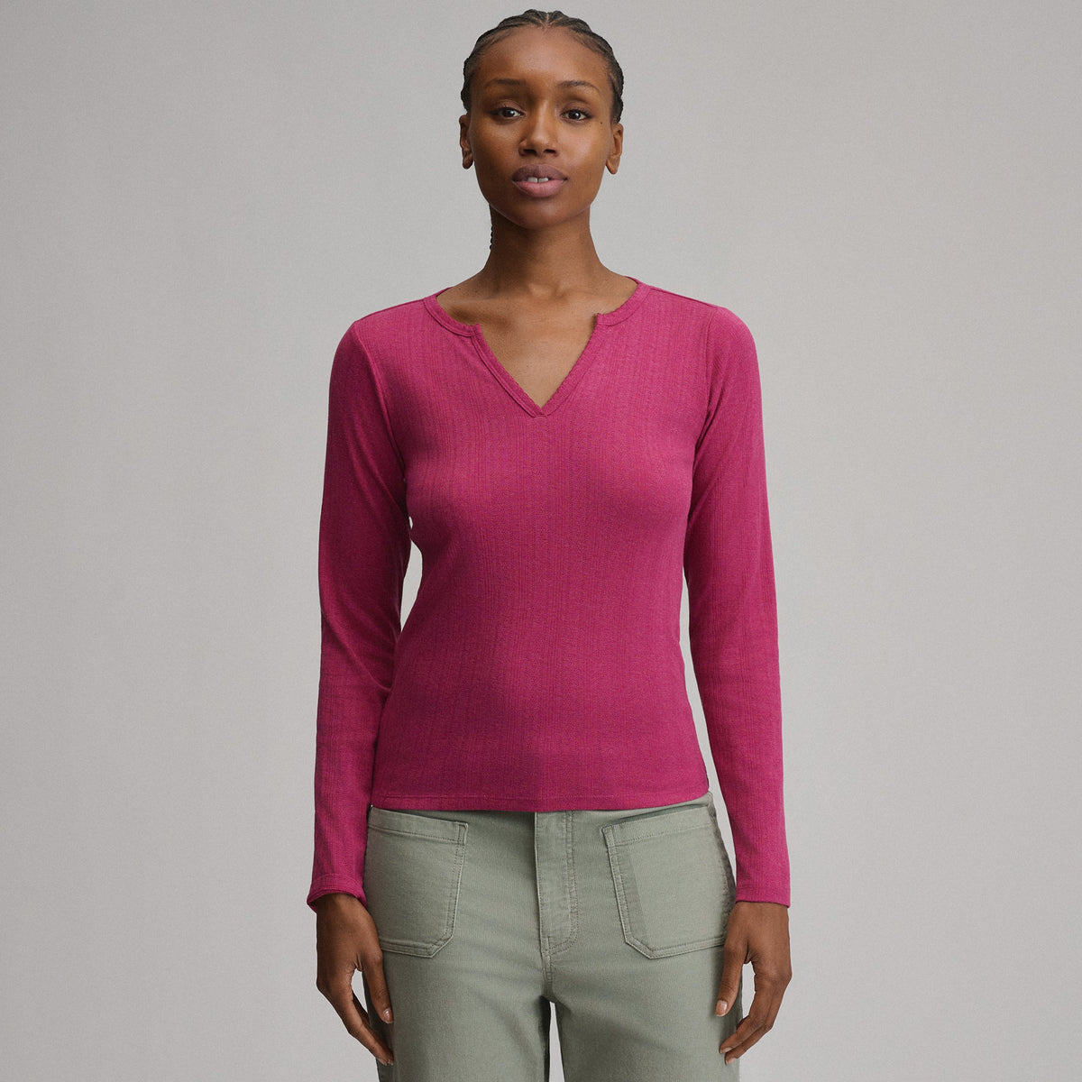 Women's Pointelle Notch-Neck Long-Sleeve Crew