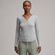 Women's Pointelle Notch-Neck Long-Sleeve Crew - Light Hthr Gray