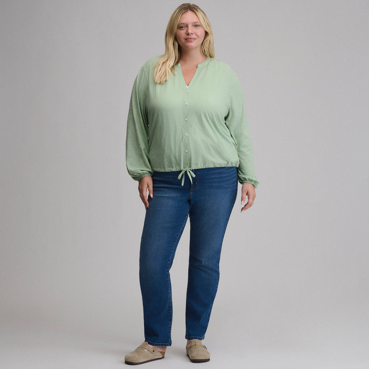 Women's Long-Sleeve Button Front Drawstring Hem Top
