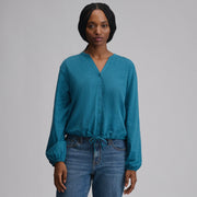 Women's Long-Sleeve Button Front Drawstring Hem Top - Meridian Blue