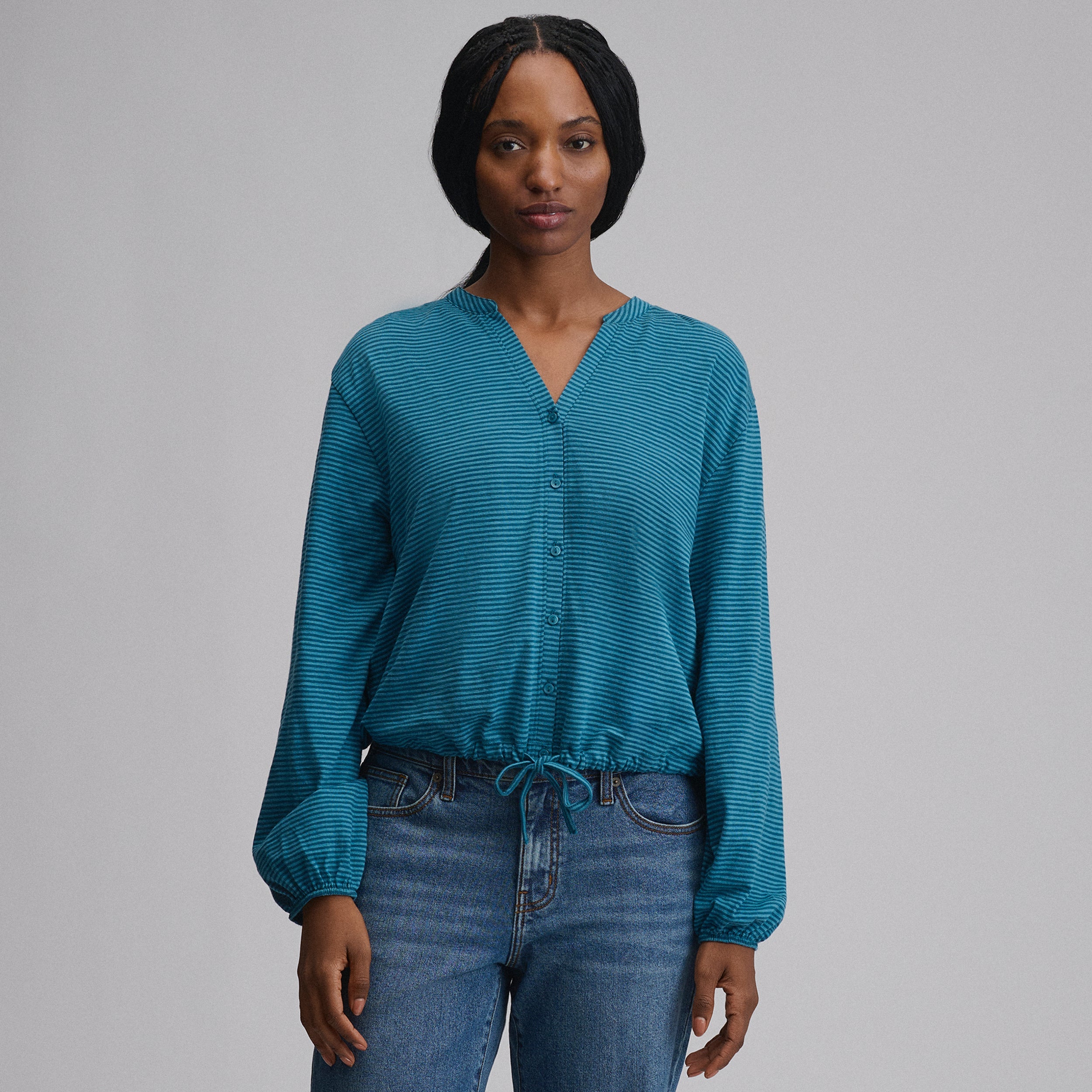 Women's Long-Sleeve Button Front Drawstring Hem Top
