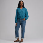 Women's Long-Sleeve Button Front Drawstring Hem Top