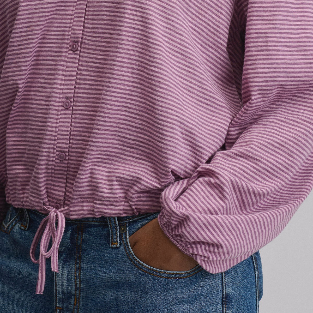 Women's Long-Sleeve Button Front Drawstring Hem Top