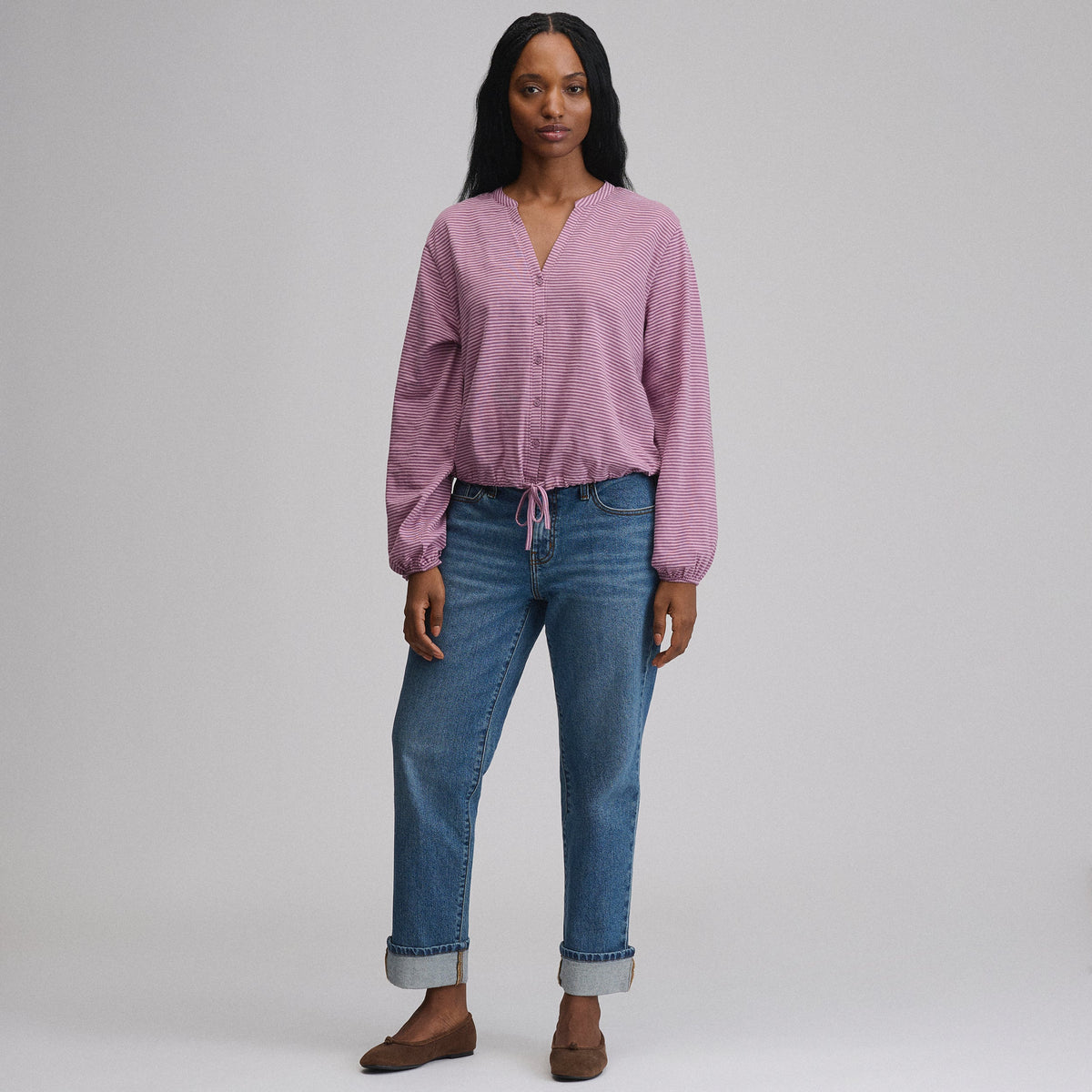 Women's Long-Sleeve Button Front Drawstring Hem Top