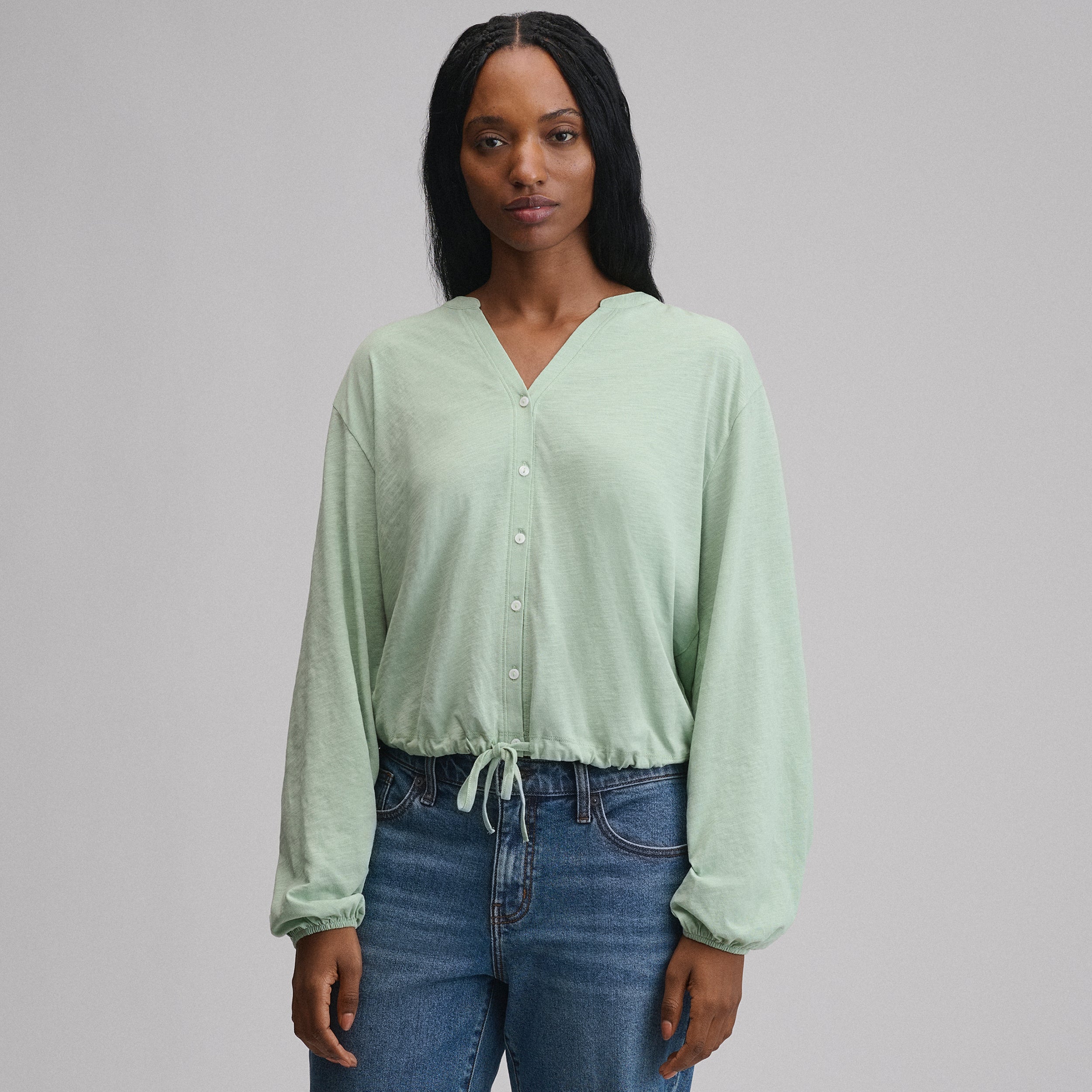 Women's Long-Sleeve Button Front Drawstring Hem Top