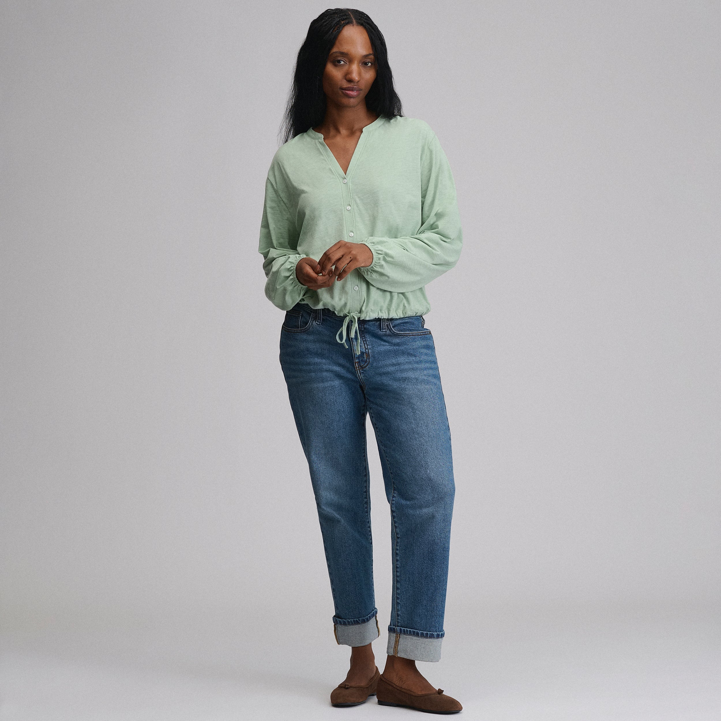 Women's Long-Sleeve Button Front Drawstring Hem Top