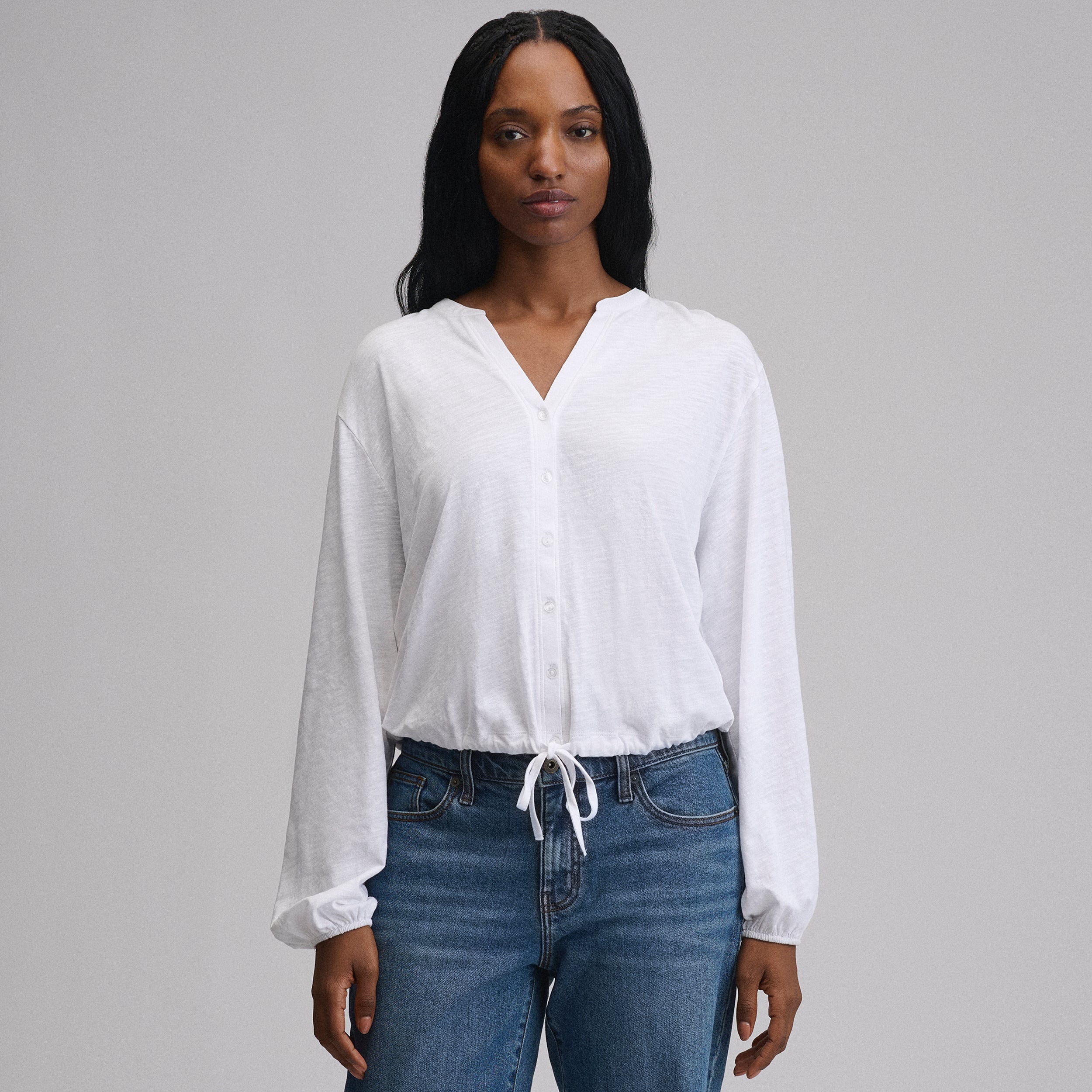 Women's Long-Sleeve Button Front Drawstring Hem Top