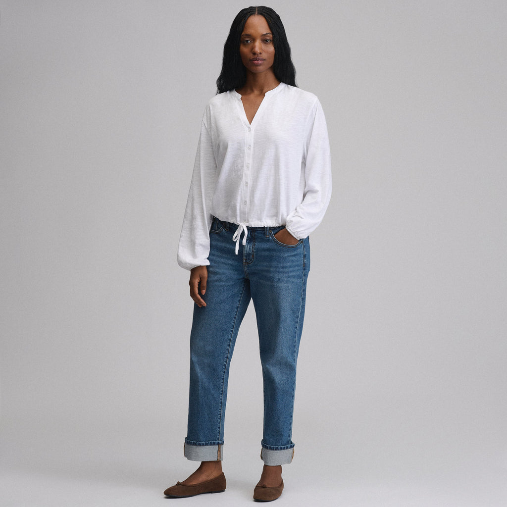 Women's Long-Sleeve Button Front Drawstring Hem Top