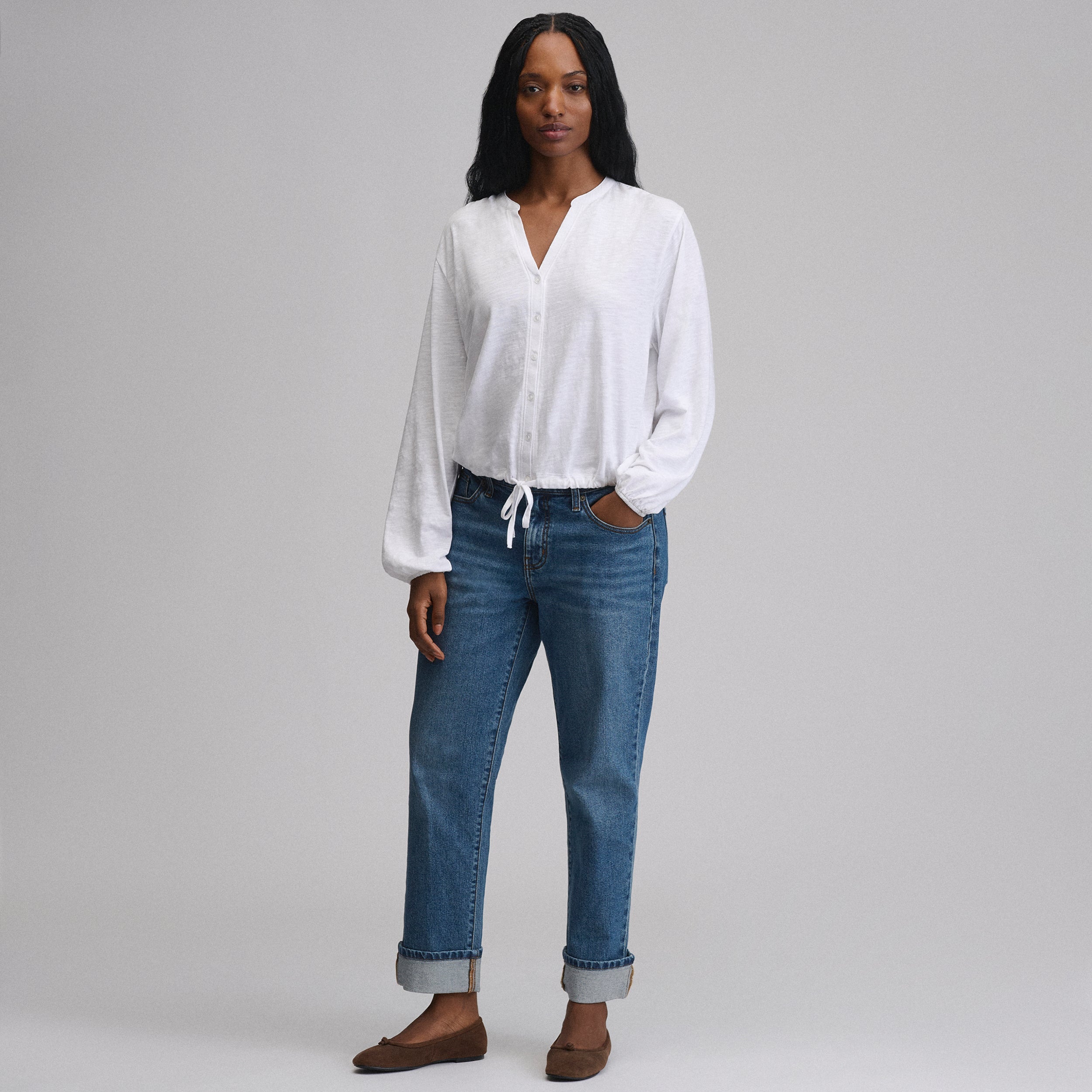 Women's Long-Sleeve Button Front Drawstring Hem Top